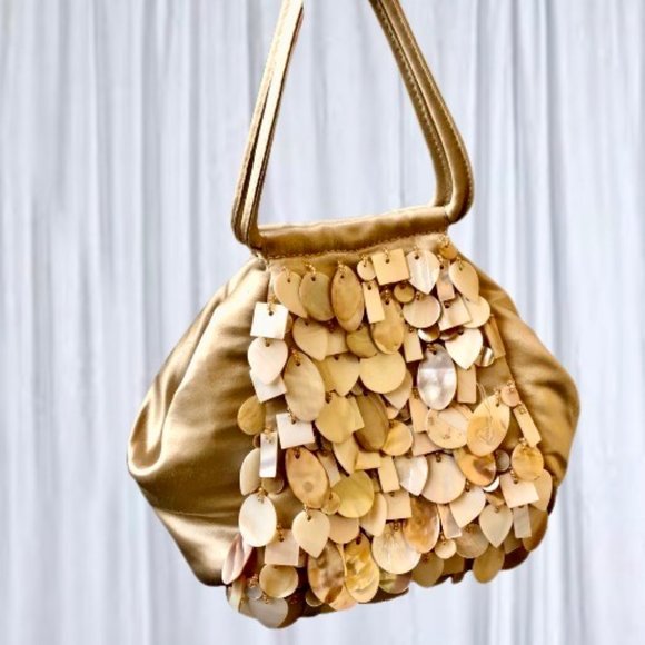 Evening Satchel Handbag Dangling Shell Beads Vintage Double Handles - Picture 4 of 11